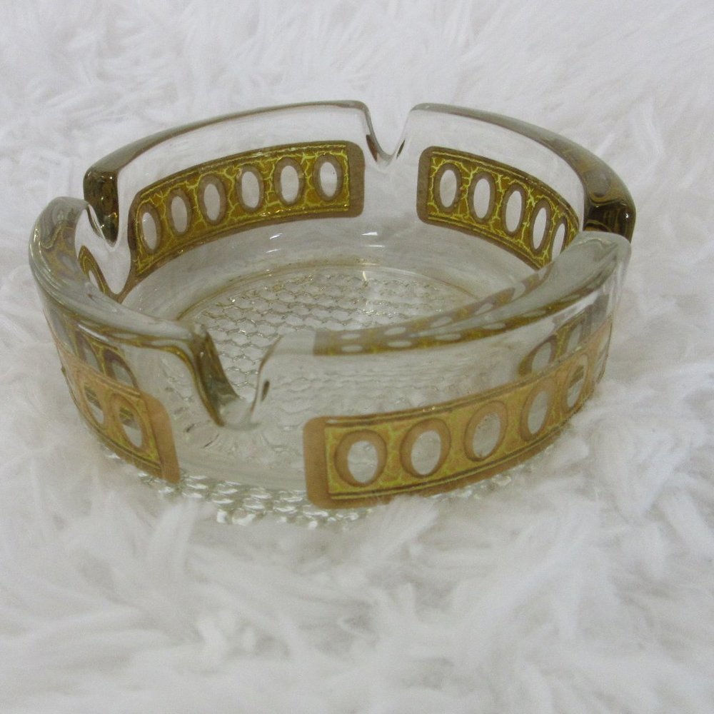 Ashtray Vintage Retro Gold Embossed Geometric Design MCM Clear Glass